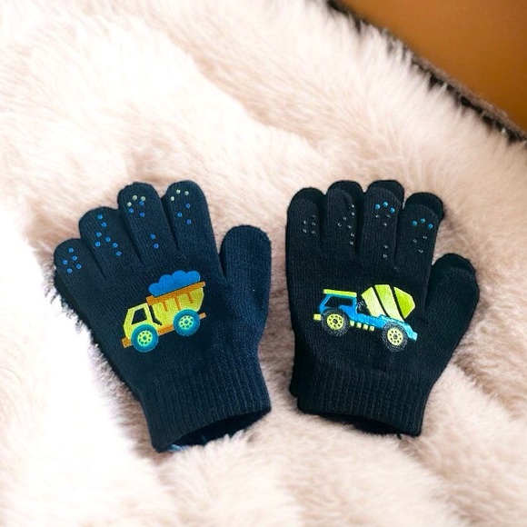 N'ice Caps Boys Magic Stretch Gloves 2 Pair Kids Black Blue Truck Design Gloves - Picture 1 of 6